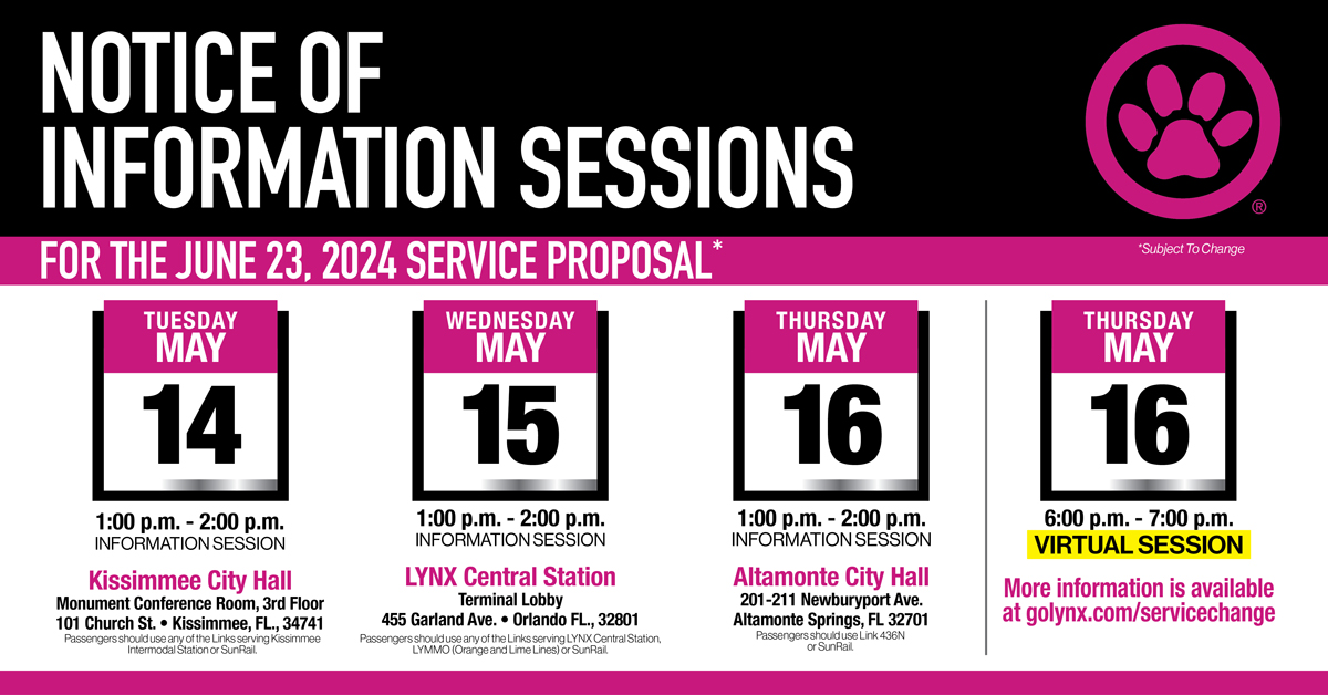 Join us today for an information session for the June service proposal. Our team will be there to provide info and answer questions. 📍 LYNX Central Station Terminal Lobby 🕚 May 15, 1–2p Learn more at golynx.com/servicechange