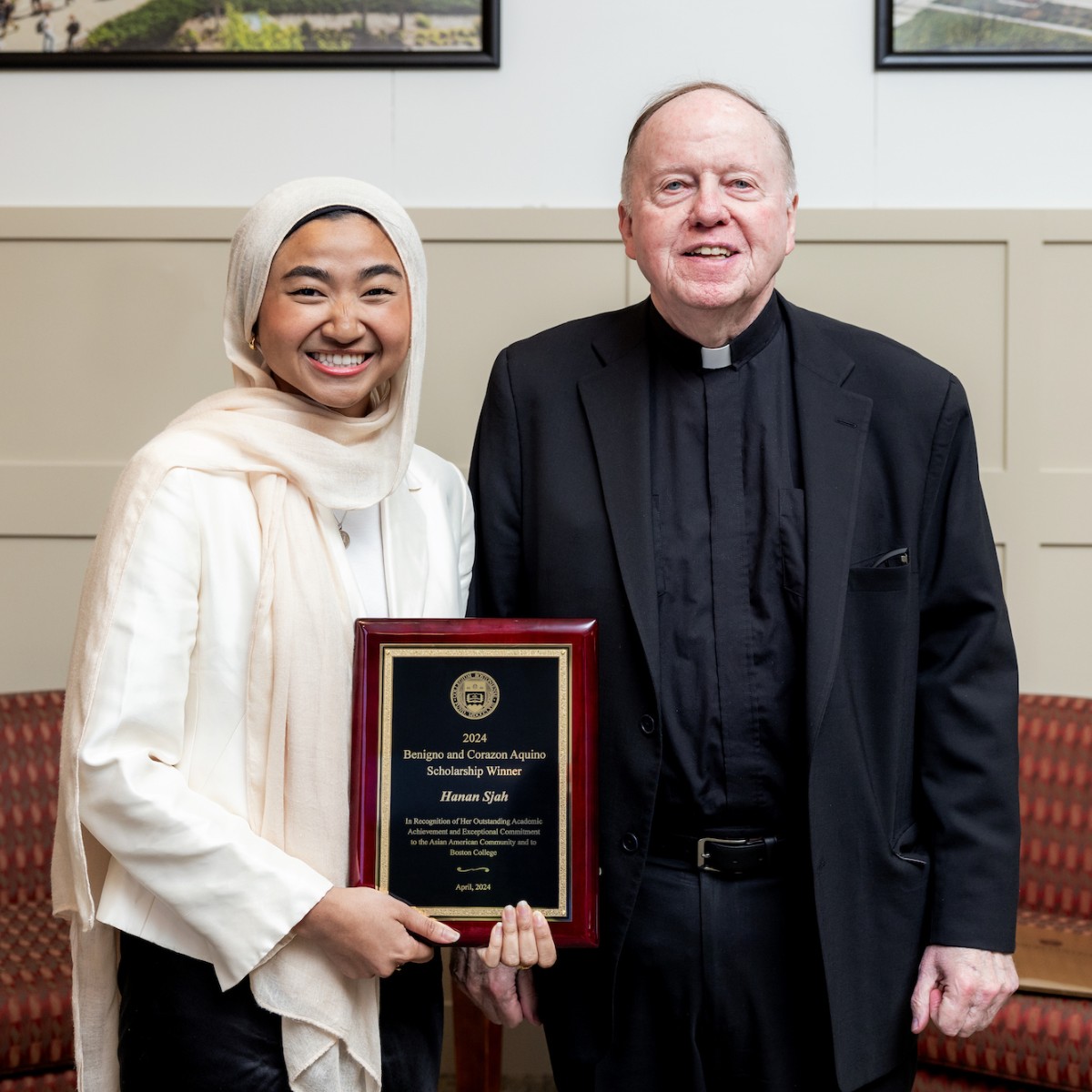 Hanan Sjah '25, whose own experience coping with personal grief has inspired her to pursue a career in pastoral counseling, is the winner of the 2024 Boston College Benigno and Corazon Aquino Scholarship. on.bc.edu/HananSjah