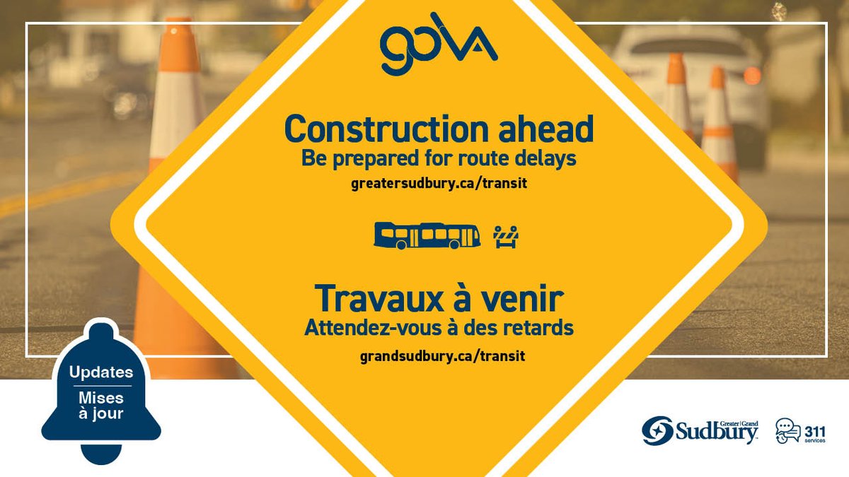Construction season is upon us! Throughout the construction season, GOVA Transit riders may experience delays and detours affecting their travel patterns and route connections. facebook.com/GreaterSudbury…