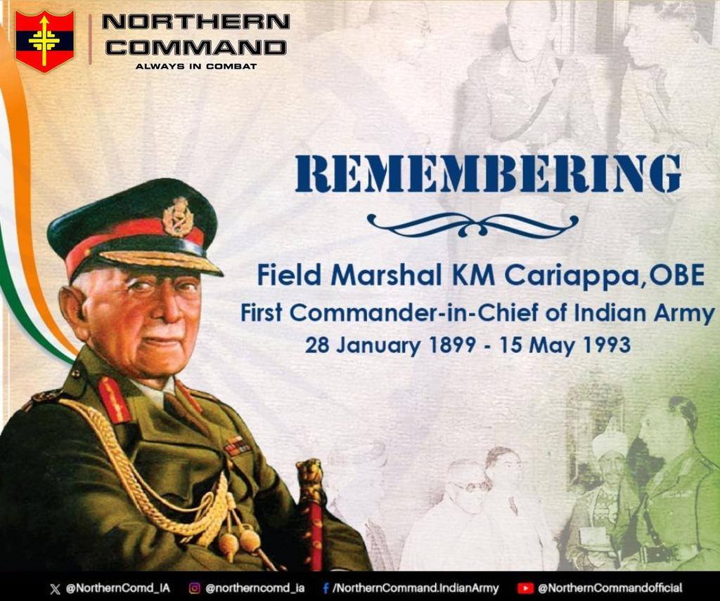 #IndianArmy pays homage to Field Marshal KM Cariappa, OBE , one of the greatest Indian military leaders. The military career of the 1st Indian Commander-in-Chief, spans more than three decades and witnessed many glories for the Nation and structural changes of #IndianArmy. He