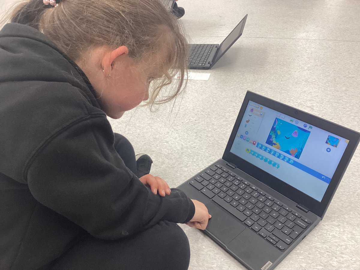 During computing club this week, children have experimented with coding on Scratch Jr. They changed backgrounds, added different characters and programmed them so they moved in different ways!