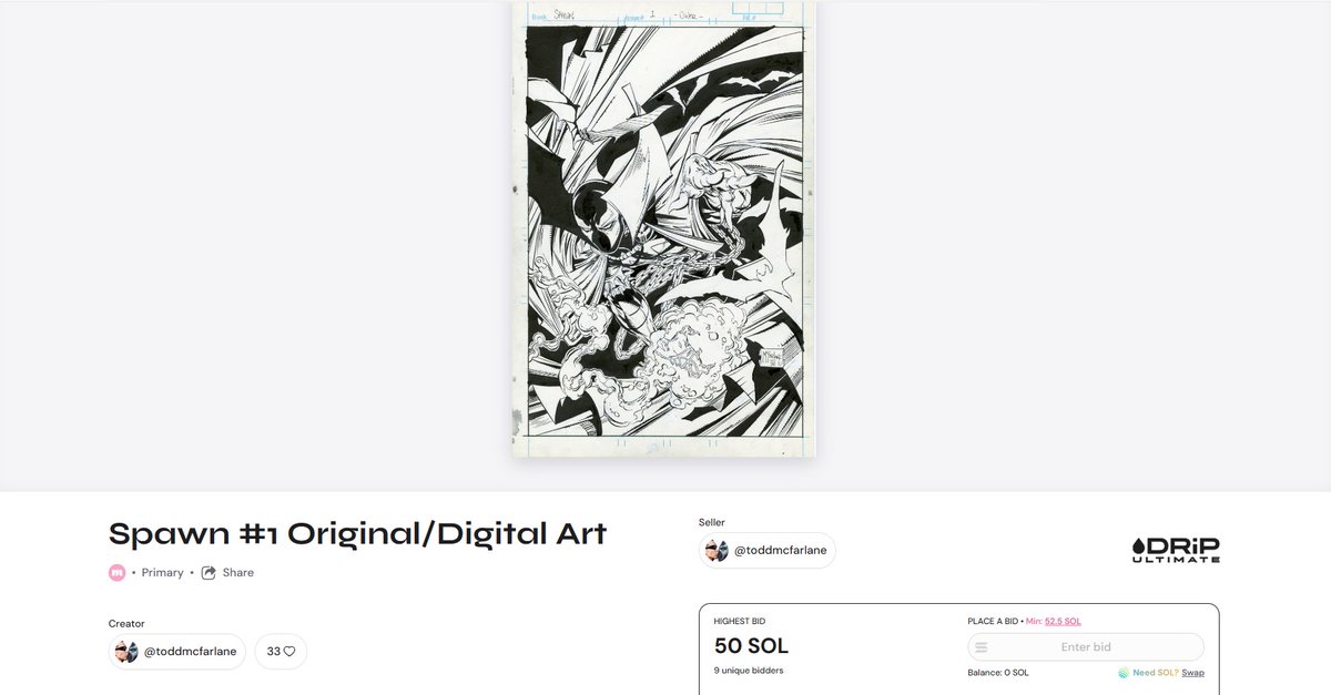 We now have less than 1 HOUR left in our HISTORICAL Spawn #1 Original/Digital Artwork auction by @Todd_McFarlane !! ⌛️ If there are any last minute bids, the timer does increase by about 10-15 minutes.⏰ mallow.art/u/toddmcfarlane