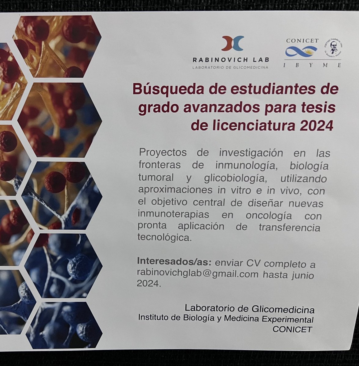 Y si sos estudiante de grado avanzado y queres sumarte a un proyecto de Inmunologia y cancer, escribinos