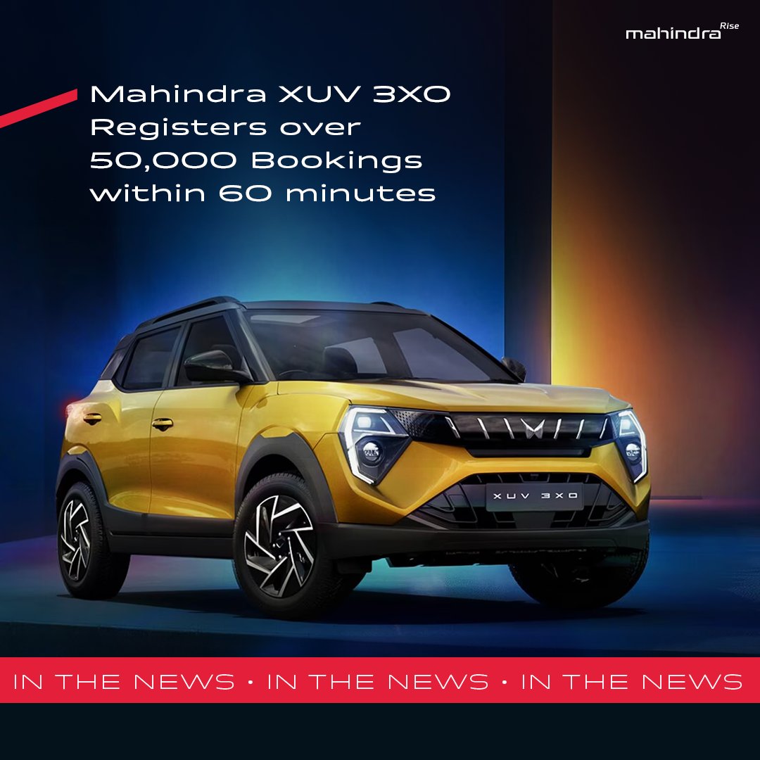Innovation is the cornerstone of our mission, and customer trust fuels our drive. 

The Mahindra XUV 3XO's outstanding performance, with over 50,000 bookings in just 60 minutes, is a testament to our relentless pursuit of excellence.

To know more, visit: mahindra.com/news-room/pres…