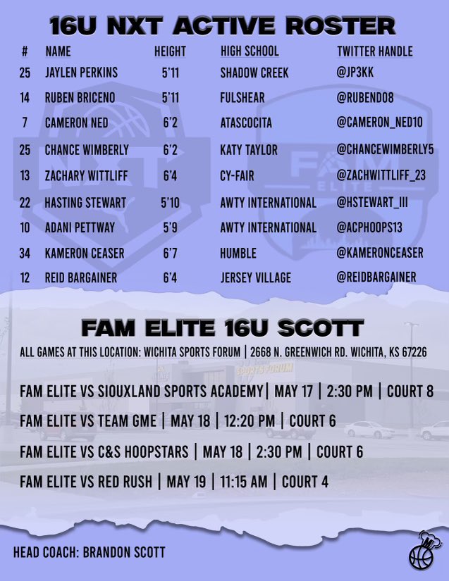 This is my schedule for my upcoming weekend in Wichita, Kansas.  I will be playing with <a href="/FAMeliteMBB/">Houston FAM Elite</a>. 

<a href="/PRO16League/">PRO16/NXTPRO League</a>
<a href="/EthanPiechota/">Ethan Piechota</a>
<a href="/RcsSports/">Jim Hicks</a>
#RecruitTheFam