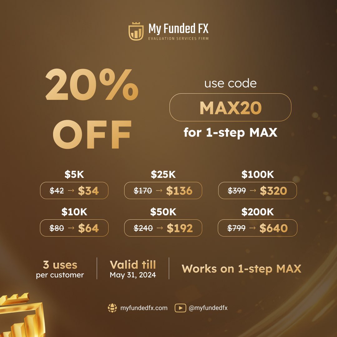 🔥20% Discount: 1-Step MAX plan 🔥 - Discount Code: **MAX20** - Works on 1-step MAX plan only - 3 uses per customer only - Valid till May 31st myfundedfx.com