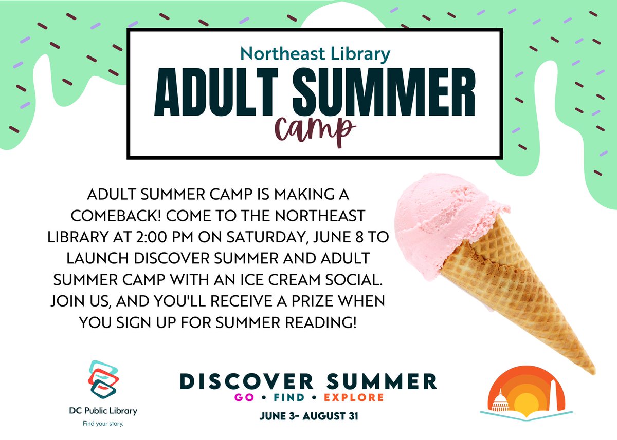 🍦 Dive into summer at our Adult Summer Camp Ice Cream Social! 🌞 Join us on June 8th, 2:00 PM at Northeast Library garden for sweet treats, registration prizes, and loads of fun!

RSVP: bit.ly/3UZqLap