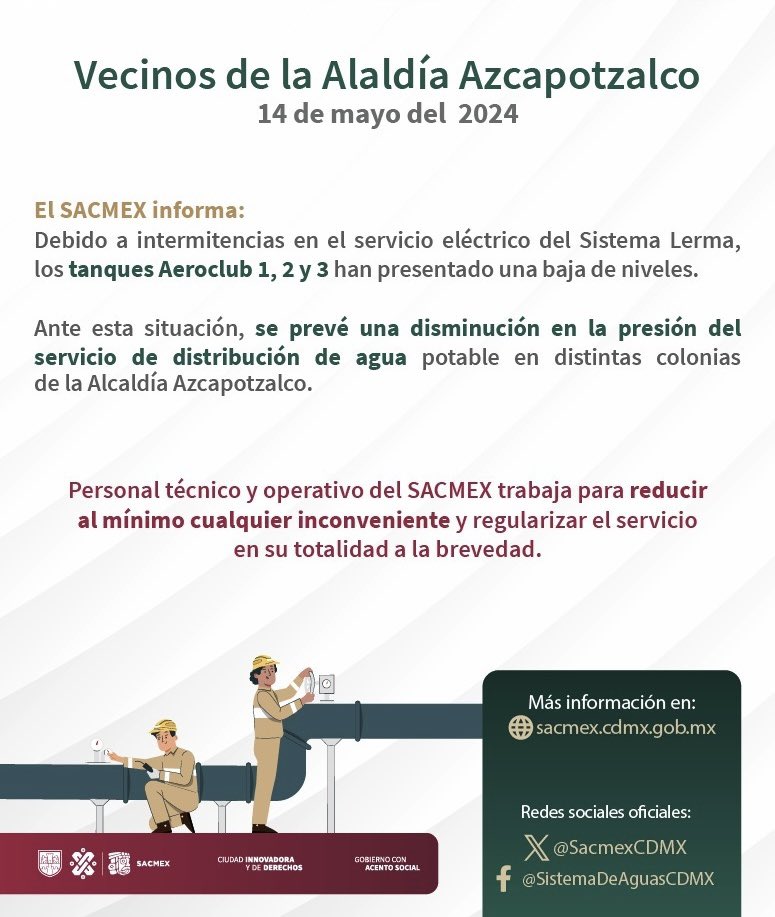 🚨Vecino de Azcapotzalco ,Aviso importante 🚨 @SacmexCDMX nos informa de una disminución en la presión del servicio de distribución de Agua en algunas colonias de nuestra alcaldía.