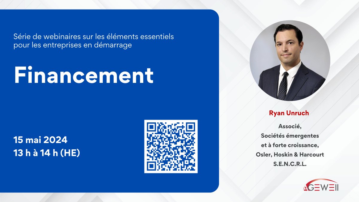 📣Attention! #entrepreneurs! Obtenez des renseignements sur le #financement (formes, contexte et processus) avec Ryan Unruch, associé, @Osler_Law, aujourd’hui à 13 h (HE). Inscr. : ow.ly/lBH350RzSJS