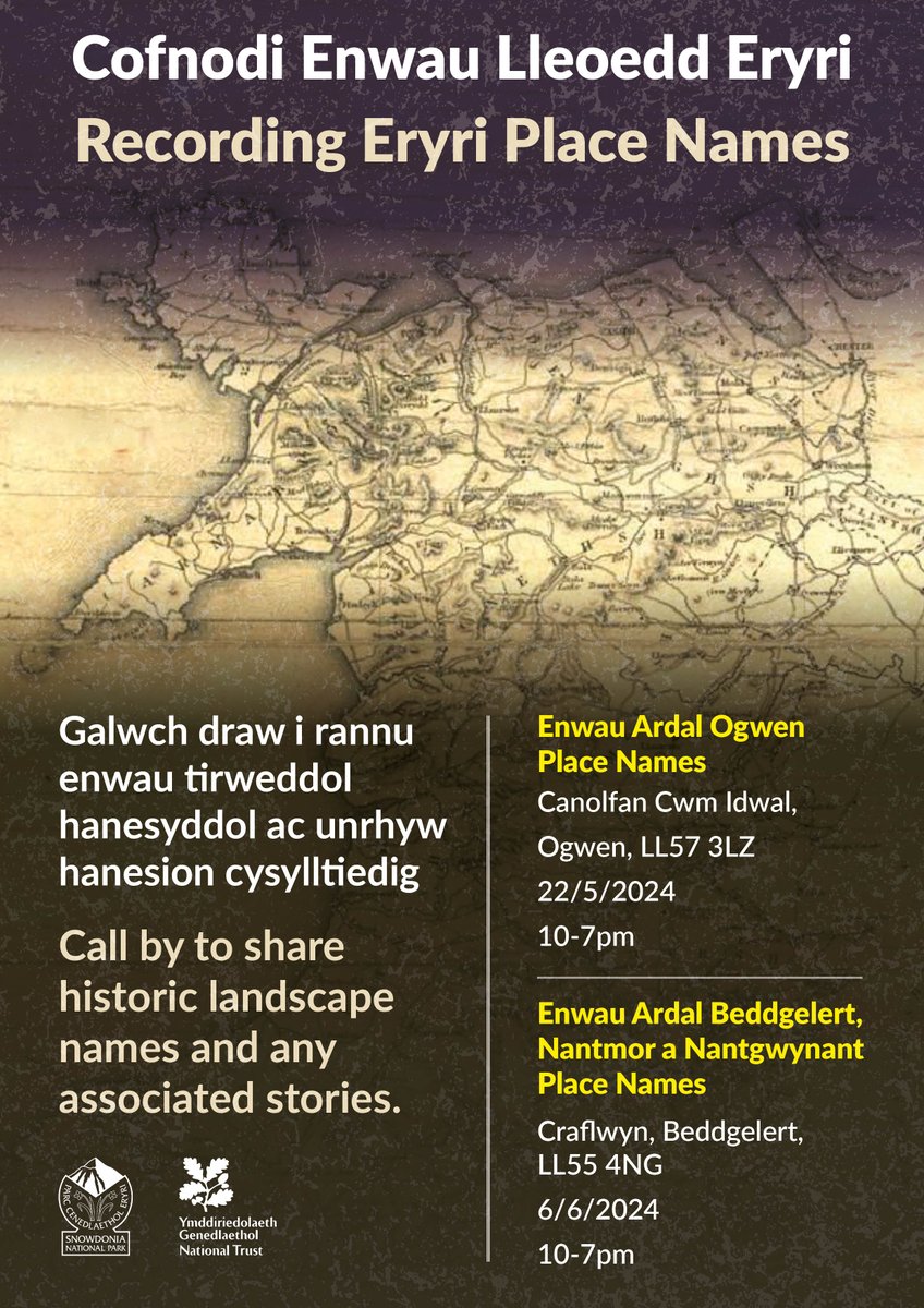 Oes gennych chi wybodaeth am, neu straeon yn gysylltiedig ag enwau tirweddol hanesyddol yn ardal Ogwen neu Feddgelert, Nantmor a Nantgwynant? Byddem wrth ein bodd yn eich croesawu i un o’r digwyddiadau galw-mewn arbennig yma 👇