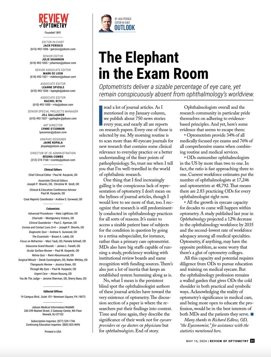 The Elephant in the Exam Room Optometrists deliver a sizable percentage of eye care, yet remain conspicuously absent from ophthalmology’s worldview. reviewofoptometry.com/article/the-el… #optometry #eyecare #optometrist