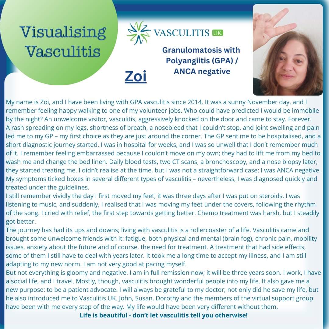 May is #vasculitis #awareness month.
On day 15 we celebrate the International Vasculitis Awareness Day 
Vasculitis is a rare chronic autoimmune rheumatic disease and I live with it.
#VisualiseVasculitis #RareDisease 
@vascuk @VasculitisIA @IrishVasculitis @Jane_L_Edwards