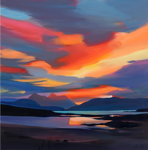 'Red Cuillin sunset' by Pam Carter who was a UK painter of Scottish landcapes #WomensArt