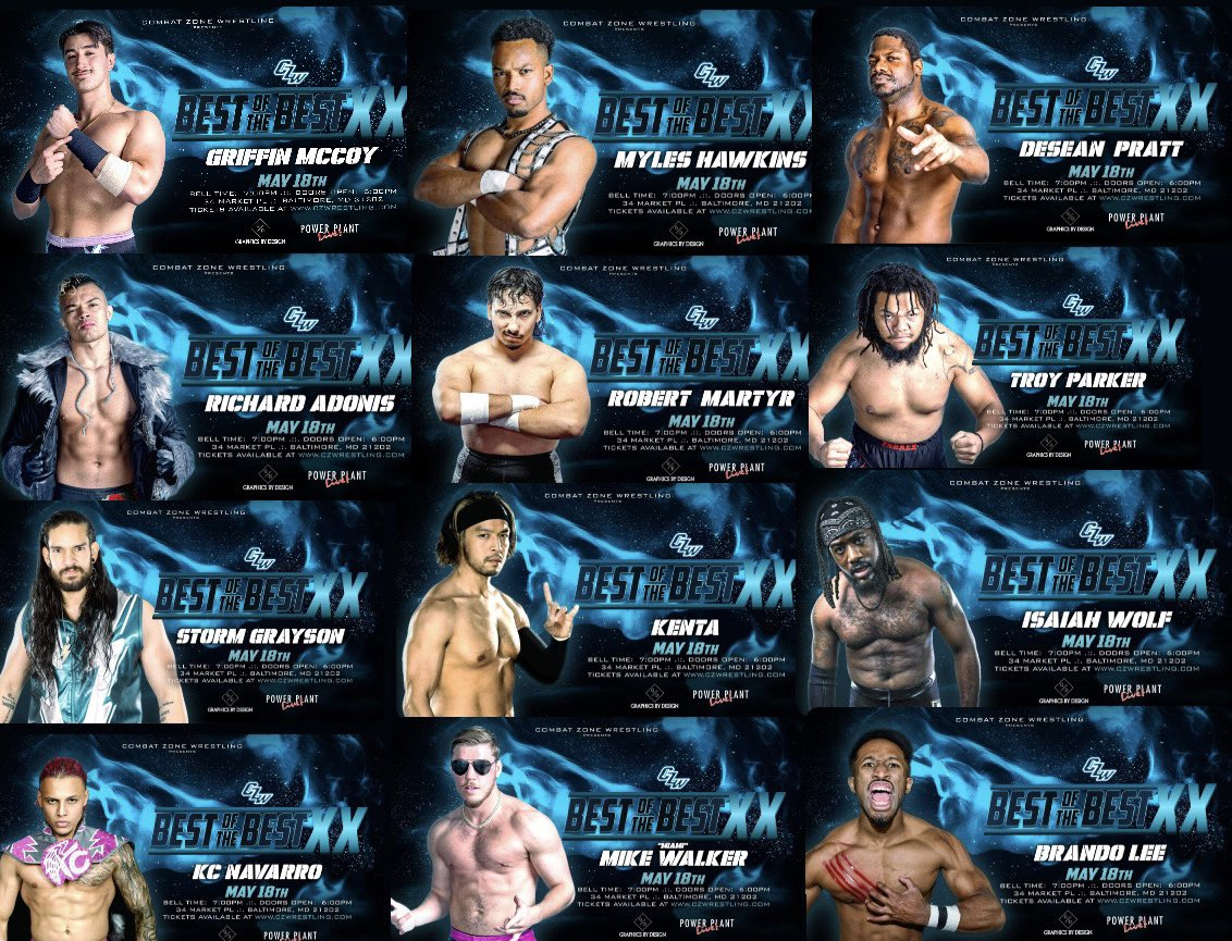 Best of the Best XX field is SET!

KENTA
Griffin McCoy
KC Navarro
Myles Hawkins
Desean Pratt
Richard Adonis
Robert Martyr
Troy Parker
Storm Grayson
Isaiah Wolf
Miami Mike
Brando Lee

First round matches TONIGHT!

🎟️: axs.com/events/543346/…

📺: IWTV + Triller

5/18
Power Plant