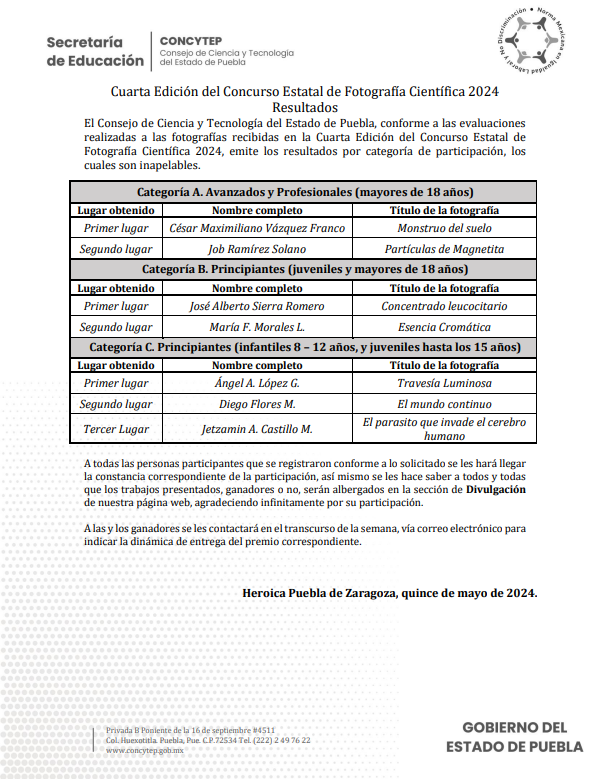 SecihtiGobPue's tweet photo. 🏆 Conoce los resultados de la Cuarta Edición del Concurso Estatal de Fotografía Científica 2024.
¡Enhorabuena a las y los ganadores! 👏 Muchas gracias a todas y todos por su participación https://t.co/LlyEaHitFj