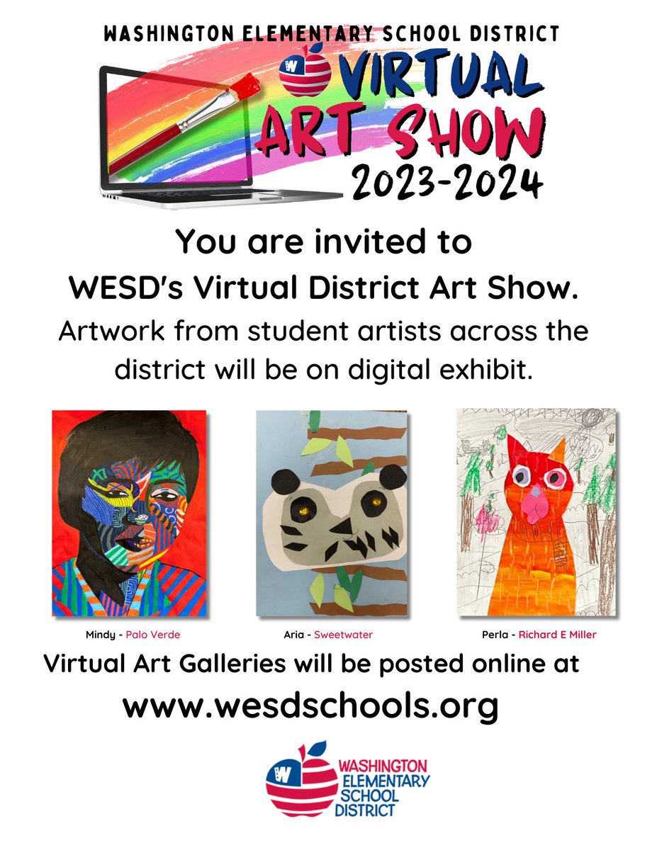 Attention, #WESDFamily! The 2023-2024 Virtual Art Show is now live! Each school has a digital gallery of student-created art for all to enjoy. Please visit the following link to check out the virtual art show: sites.google.com/wesdschools.or…. Great job, WESD student artists!