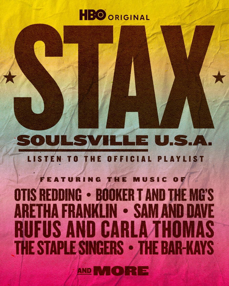 Listen to the #STAX: Soulsville U.S.A. Official Playlist Part 1, featuring legendary artists such as Otis Redding, Booker T. & the M.G.’s, and Aretha Franklin, now on Spotify and watch the @HBO Original Documentary Series May 20 on @StreamOnMax.