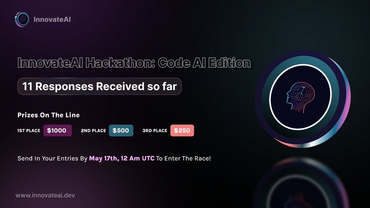 Innovateaierc's tweet photo. Don't miss out on your chance to win BIG in the Innovate AI Hackathon: Code AI Edition!๐
With over 11 responses received already, the competition is heating up! ๐ฅ Submit your entries by May 17th, 12 am UTC for a shot at the $1000 1st place prize and more! #InnovateAIHackathon๐ https://t.co/gmcPRuGyyX