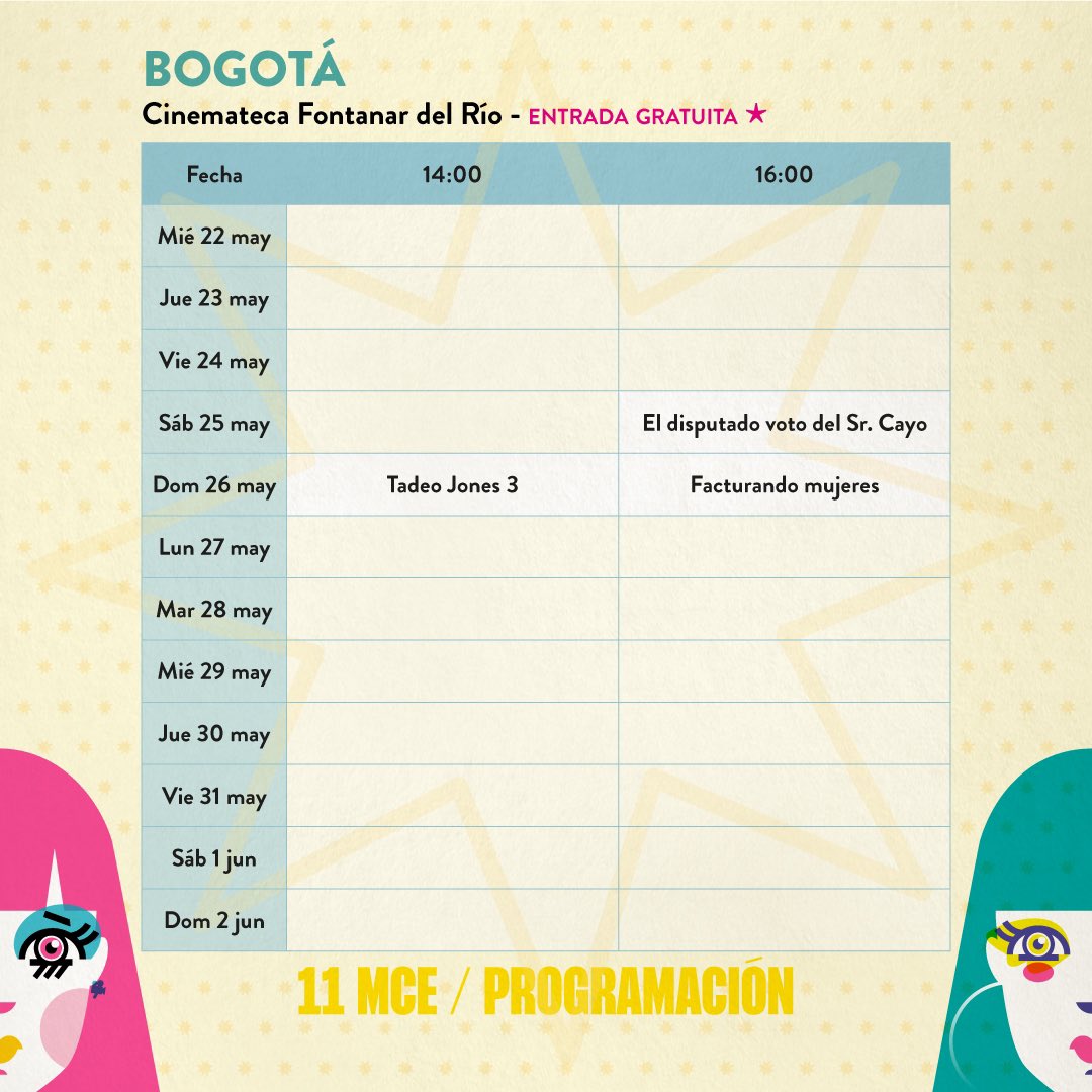 ¡BOGOTÁ! 📣 Esta es la programación de la #11MuestraDeCineEspañol en nuestras salas con entrada gratuita ¿Nos vemos en las salas? 🎬🇪🇸🍿 #CineEspañol #EspañayColombia #CineEnColombia #11MCE