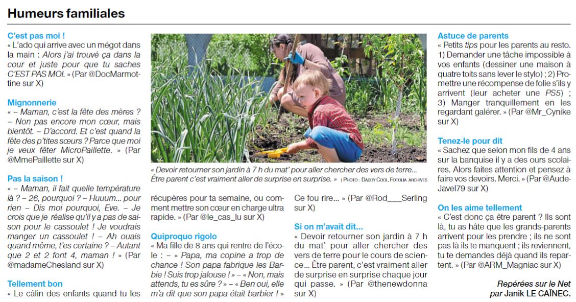 Voilà la petite salve d'humeurs familiales parue ce mercredi dans @OuestFrance Merci beaucoup 😊🙏 @DocMarmottine @MmePaillette @MadameChesland @le_cas_lu @Rod___Serling @thenewdonna @Mr_Cynike @AudeJavel79 et @ARM_Magniac 🥰