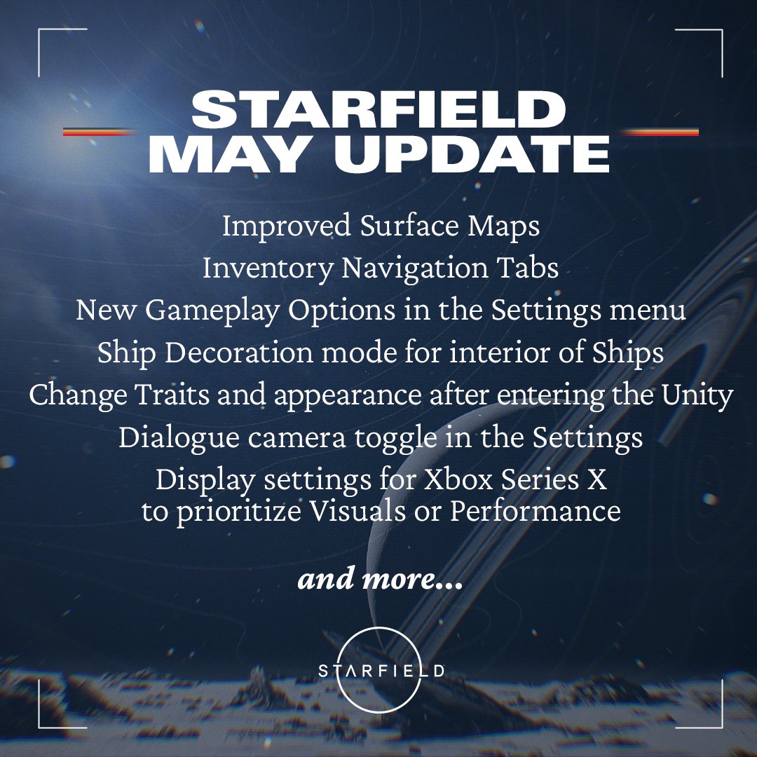 De nieuwste update van #Starfield is beschikbaar op alle platformen, met nieuwe gameplay-moeilijkheidsopties, verbeterde oppervlakkaarten, schipdecoraties en tal van fixes en verbeteringen! ✨ Lees hier de volledige update-notes: beth.games/4bH8DYn