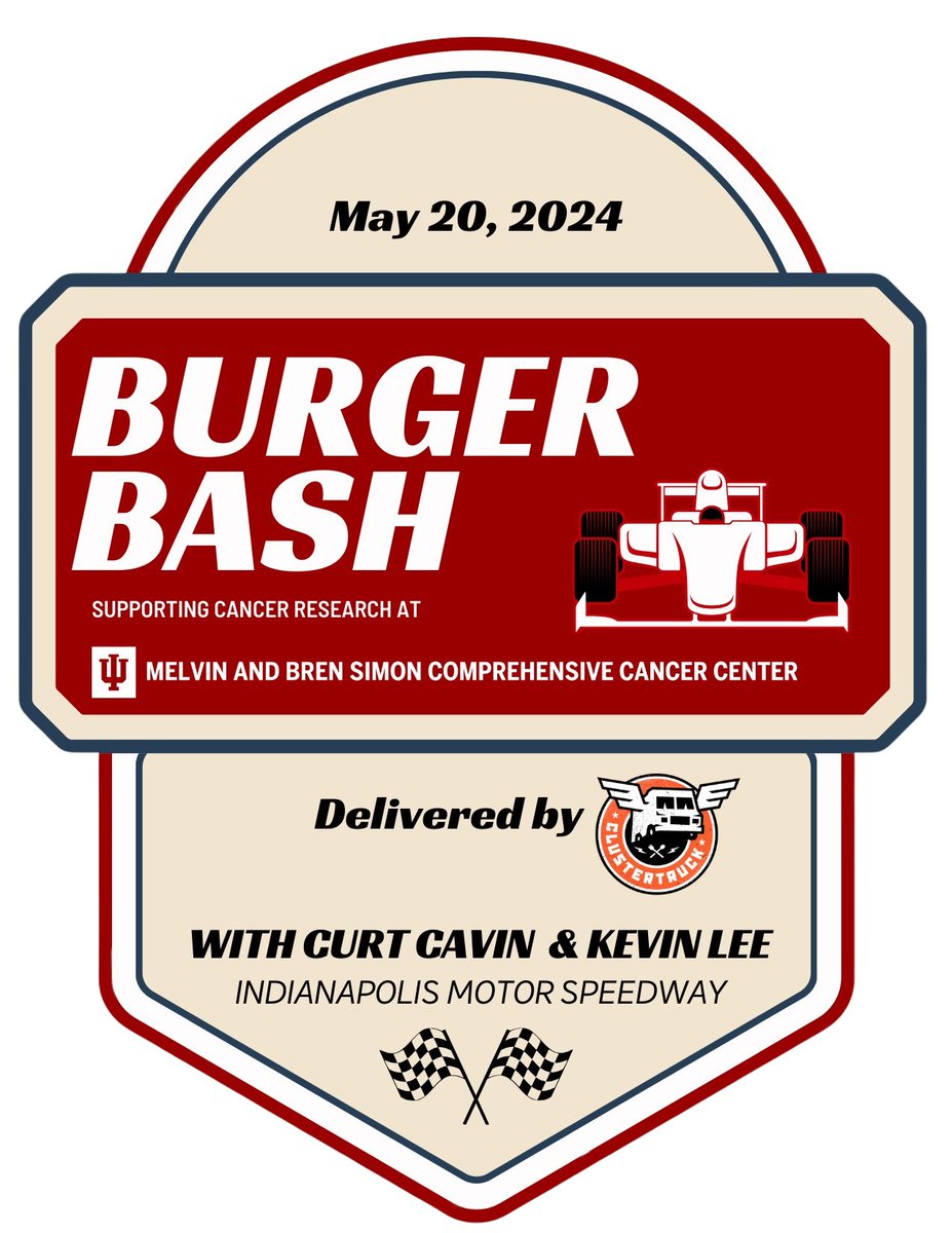 Mark your calendars for Monday, May 20th, and join us at Gate 1 of the @IMS for the 2024 Burger Bash, delivered by ClusterTruck from 5:30 - 8pm! We’re delivering our full menu including our Burger Bash Burgers benefitting the @IUCancerCenter P.S - This event is free to attend!
