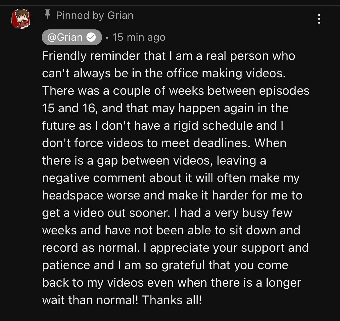 GrianUpdates's tweet photo. Grian commented on his new hermit craft episode please read this! https://t.co/2AHwqgLKni