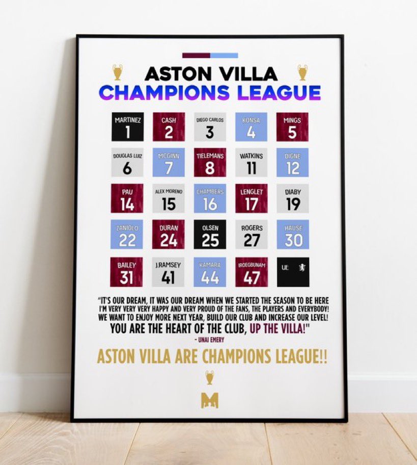 ⭐️PRINT GIVEAWAY⭐️ To celebrate Villa's Qualification to Champions League, We’ve partnered with @MezzalaDesigns to giveaway 2X Framed Prints of iconic moments from our season🟣🇪🇺 To Enter: 🔄RT This Post 🤝Follow @theavfcfaithful & @MezzalaDesigns 🏷️Tag a Villa Friend! #AVFC