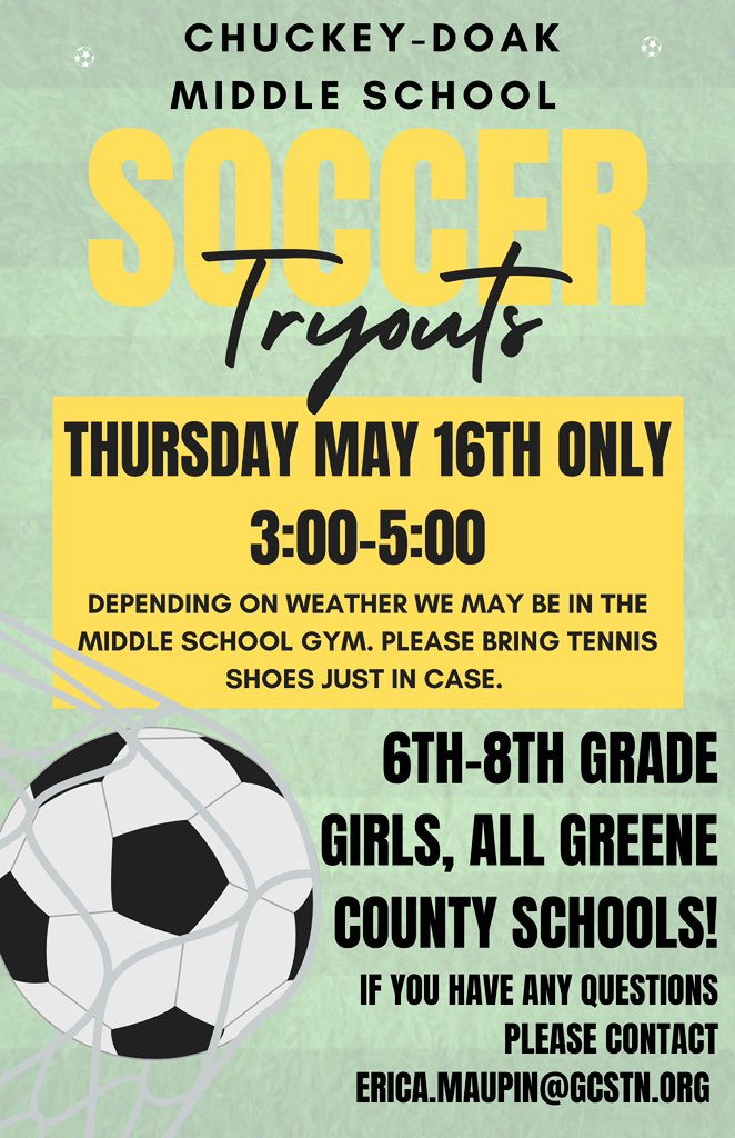 Update for girls soccer try outs:

Due to Graduation on Friday, tryouts will only be on Thursday, May 16th. Please remind your girls to bring tennis shoes, if the weather remains bad, tryouts will be in the gym. If you can’t attend, please contact Coach Maupin.