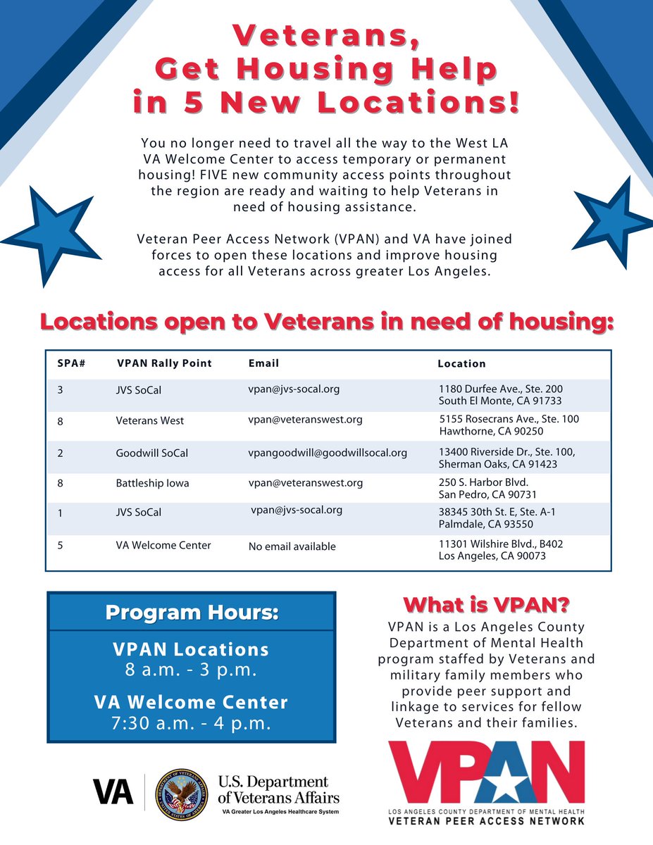 #Veterans in need of temporary or permanent #housing help now have 5 new locations across greater LA where they can get assistance from VA and @LACDMH VPAN staff. Please share! #EndVeteranHomelessness #HomelessHousing  #Housing #HomelessResources