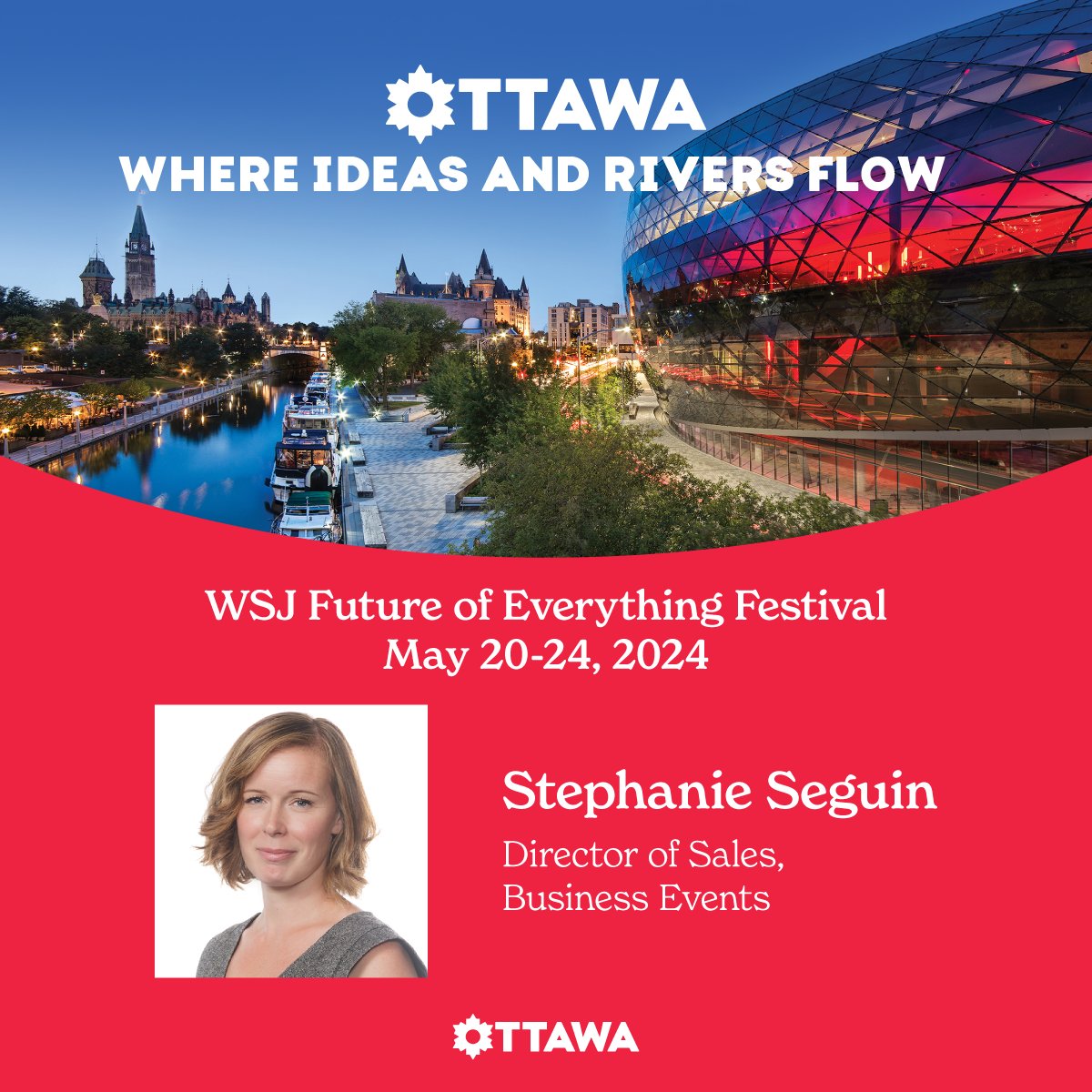 Next week, from May 20-24, 2024, Stephanie Seguin (Director of Sales, Business Events) is in NYC with <a href="/DestinationCAN/">Destination Canada</a> for <a href="/WSJ/">The Wall Street Journal</a> Future of Everything Festival. 🤩 

#MyOttawa #MeetOttawa