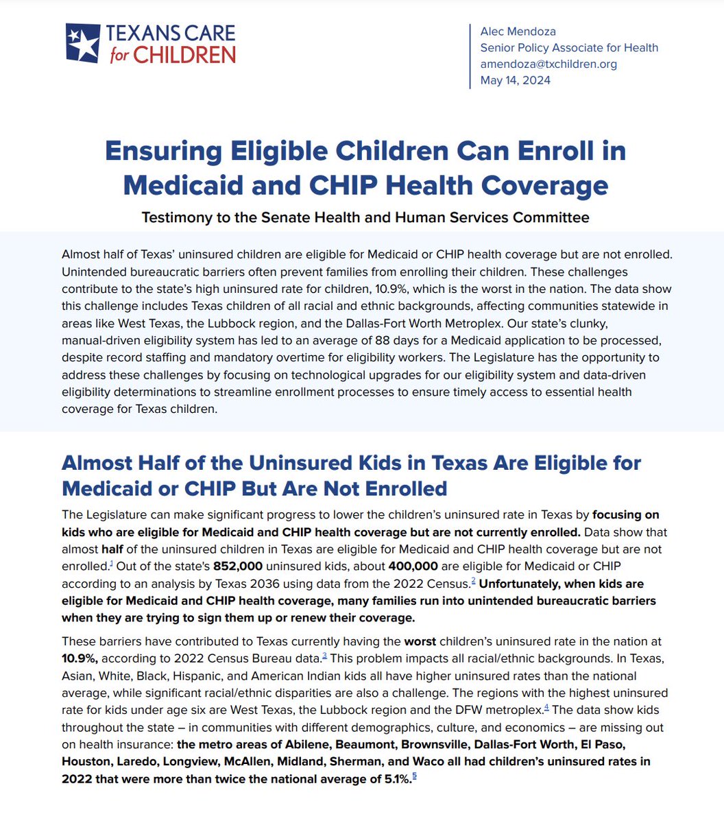 Health insurance makes a huge difference for kids! 85% of kids enrolled in Medicaid go to regular check ups compared to only 56% of uninsured kids. Here's our testimony to the Texas Senate about how to get more kids enrolled in health coverage: bit.ly/3QIKh8B #TXlege