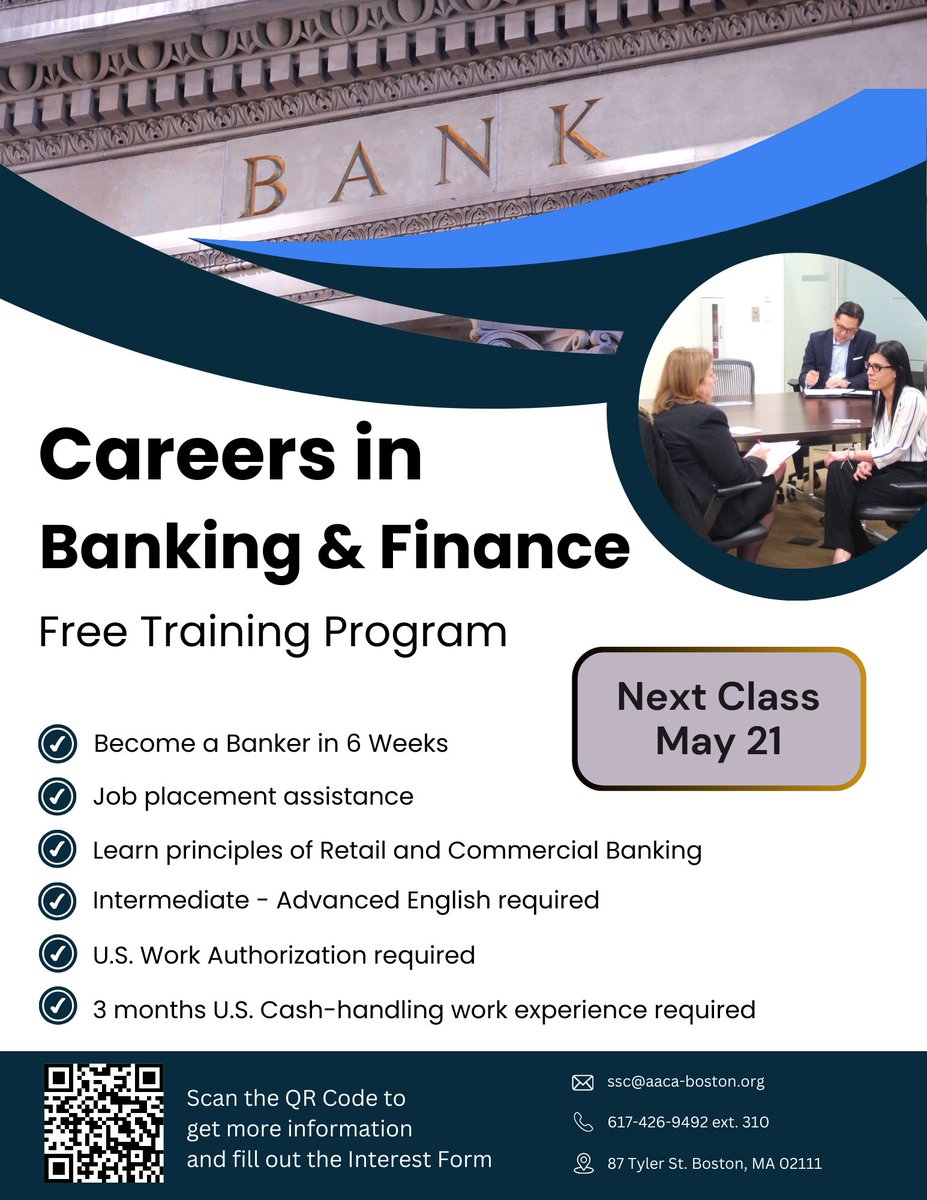 Apply for our Banking & Finance Job Training Program today!

Please come to our website to see more detail:
aaca-boston.org/banking

#Banking101 #FinancialTraining #BankingSkills #CareerInBanking #BankingProfession #BankingOpportunities #JobTrainingProgram #BankingIndustry
