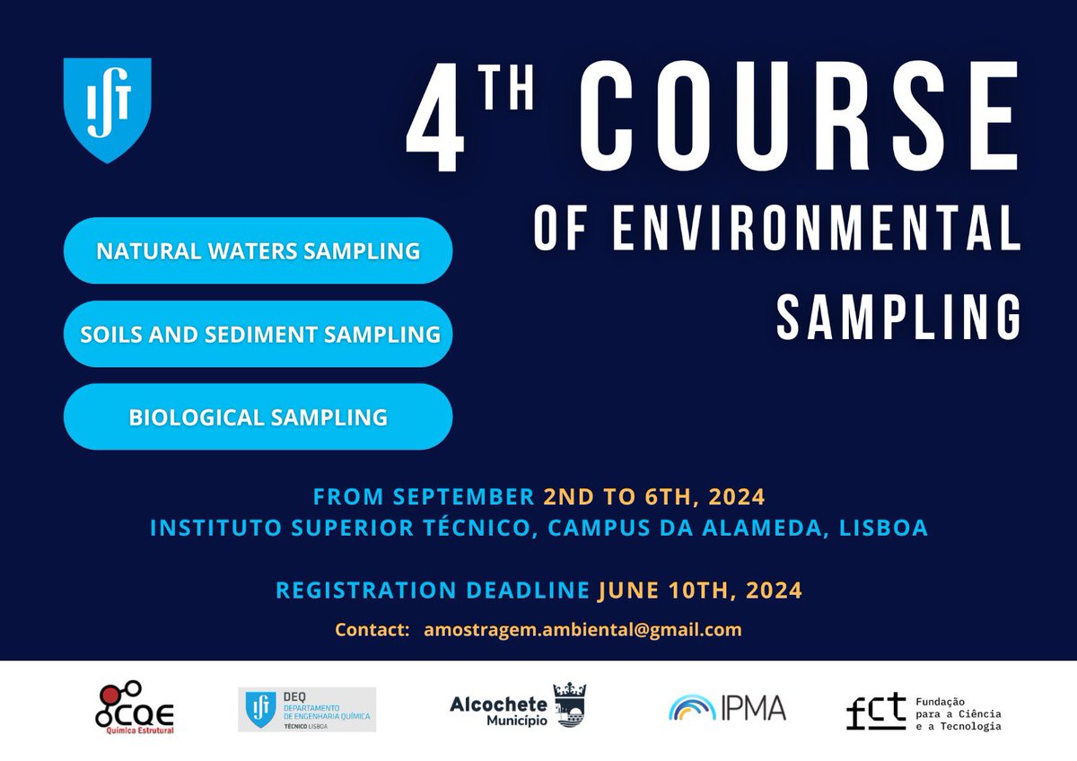JooCanrio3's tweet image. 4th “Hands on” Course of Environmental Sampling. Registration deadline June 10th. @deqist @cqe_lisboa @istecnico