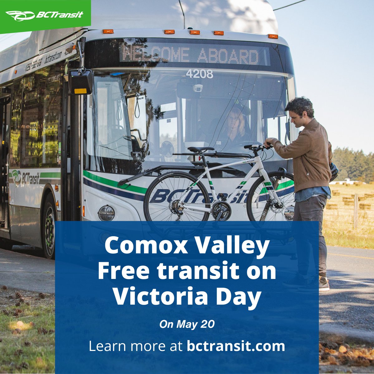 👋 Hey #ComoxValley! #Transit is free on May 20, Victoria Day.  💙🚌

On the holiday Monday, buses will be running on a Saturday schedule, so please check bctransit.com to plan your trip and sign up for alerts.

Details here 👉 bctransit.com/comox-valley/