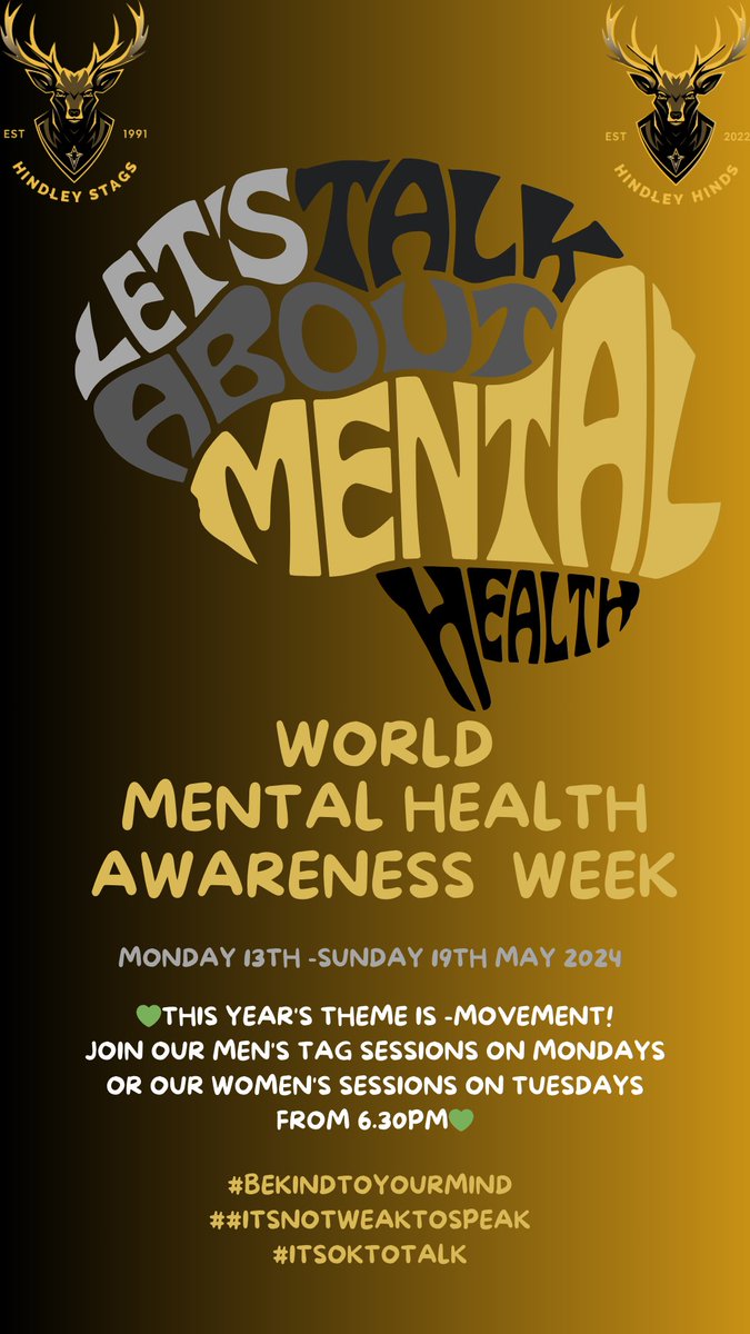 ⚫️🟡🫎𝗪𝗲 𝗮𝗿𝗲 𝗕𝗹𝗮𝗰𝗸 𝗮𝗻𝗱 𝗚𝗼𝗹𝗱 🫎⚫️🟡
💚DAY3 -This week is Mental Health Awareness Week! 
This years theme is 💚MOVEMENT💚 have you considered joining our FREE sessions for men om Mondays and women on Tuesdays? 
Both start at 6.30pm! 💚
#blackandgold