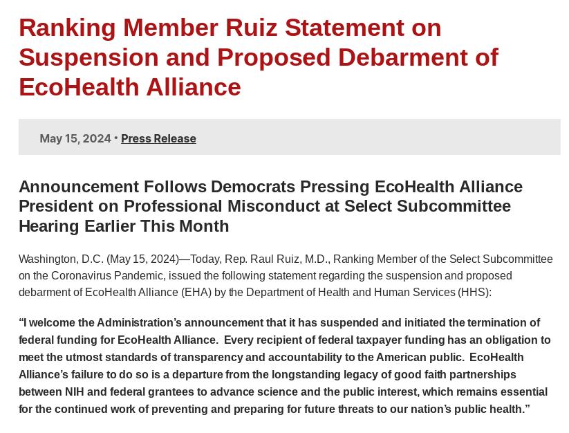 Biden's HHS has recommended disallowing EcoHealth —the collaborator of Wuhan Institute of Virology— from receiving any federal funding. Let's note the bipartisan discomfort about being misled for years that was on full display during the hearing. Statement from the Democrats: