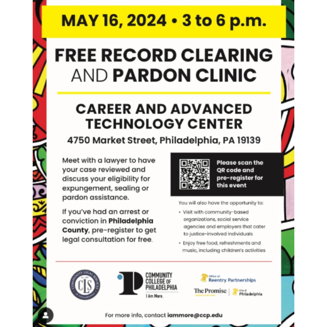 If you or someone you know has been arrested or convicted in Philadelphia County, we invite you to pre-register for tomorrow's FREE record clearing and pardon clinic!

📆 Thursday, May 16, 2024
⏰ 3:00 - 6:00 pm
📍Career & Advanced Technology Center (4750 Market Street)