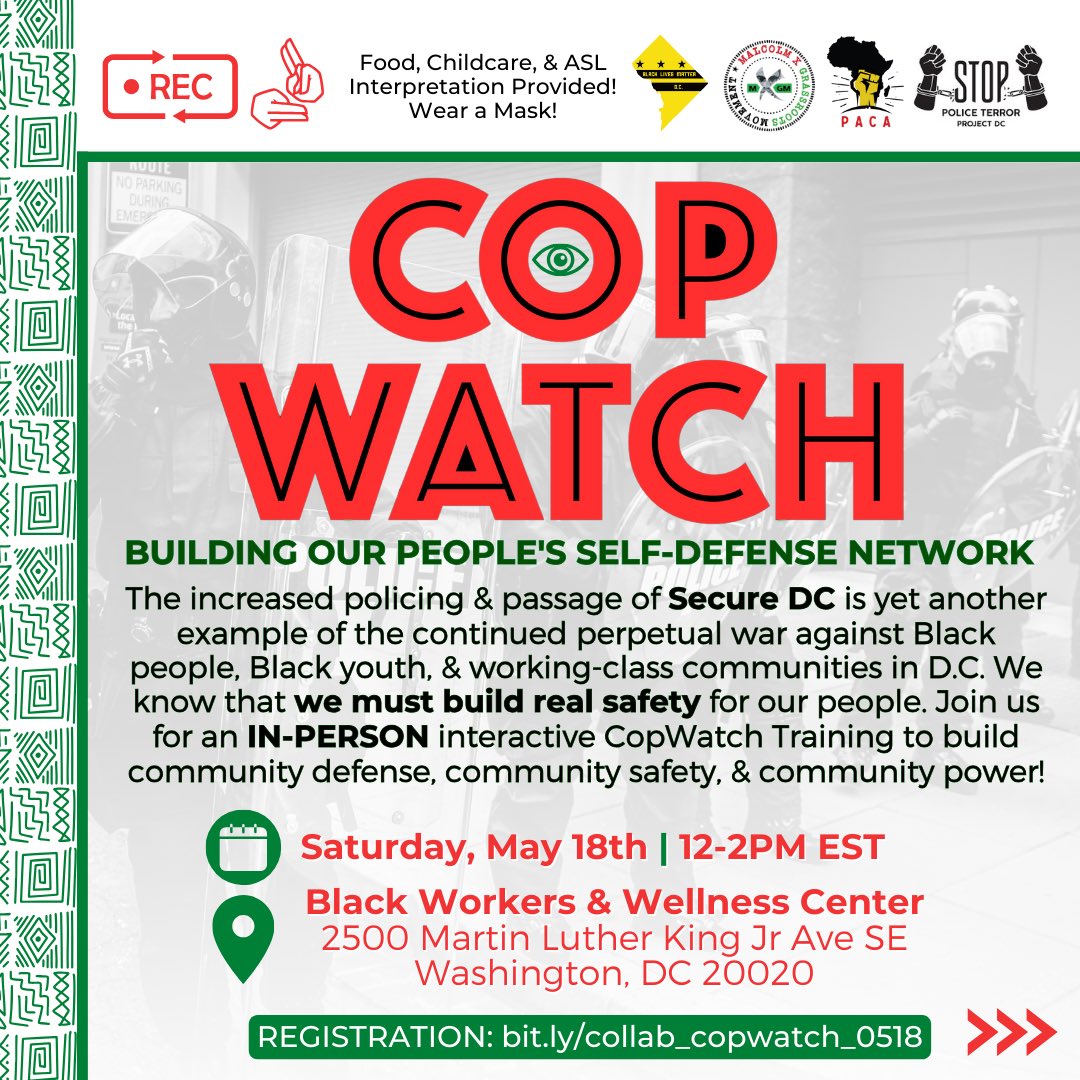 MXGM_DC's tweet image. 1/📢✊🏾 Help build our People’s Self-Defense Network!

The increased policing &amp;amp; passage of #SecureDC is yet another example of the continued perpetual war against Black people, Black youth, &amp;amp; working-class communities in D.C. We know that we must build real safety for our people.