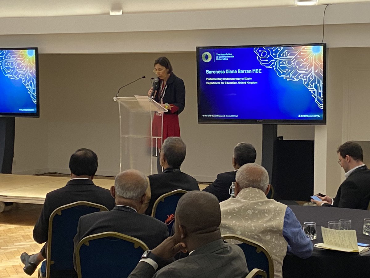 Baroness @dianabarran Parliamentary Under Secretary of State at @educationgovuk addresses reception guests on importance of educating women & girls, closing the attainment gap, calling for knowledge sharing in the #Commonwealth family & strengthening international partnerships.