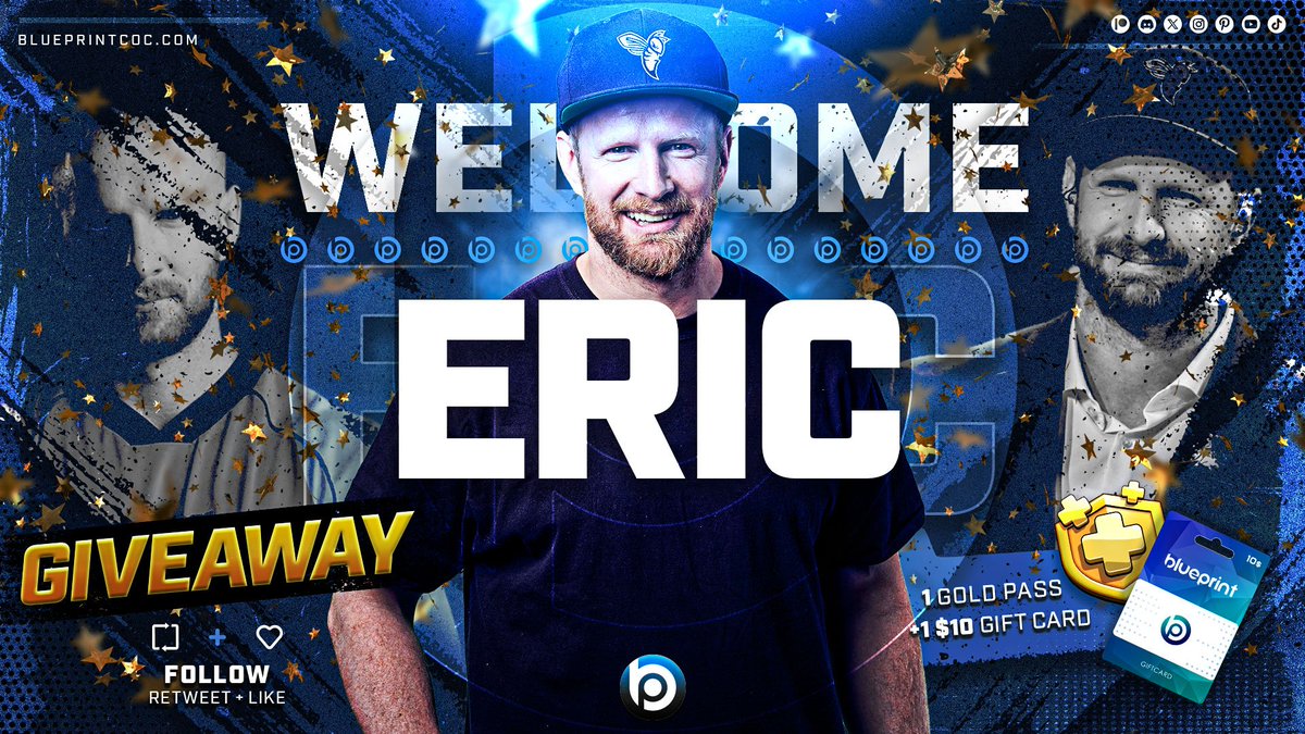 BlueprintCoC's tweet image. 🤩┋Triumphed to Welcome #ClashOfClans Content Creator to our Team!

🥰┋Welcome ERIC 🇺🇸, One of the most known Content creators to the Blue Family!

🥳 GIVEAWAYS!
10$ gift card + 1 Gold Pass🔥

🎁┋To Participate:
 💙 Follow @EricOneHive &amp;amp; @BlueprintCoC
 🔃 RT and like!