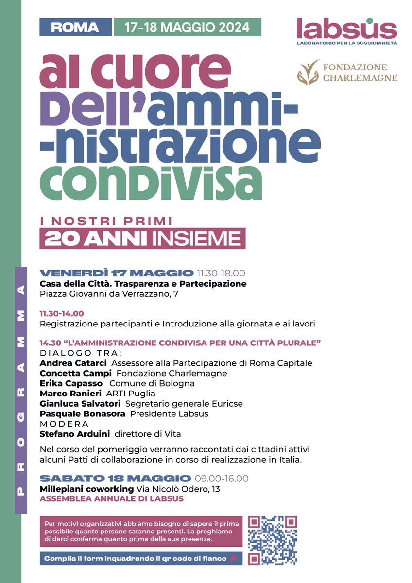 Il 17 e 18 maggio @Labsus1 , fautore del Regolamento adottato da 300 comuni, celebrerà i 20 anni con ‘Al cuore dell’amministrazione  condivisa’ > qui il link per registrarsi alla 1° giornata: bit.ly/4bVasRZ | Il 18 l’ -Assemblea annuale di Labsus- sarà a @MillepianiCoWo