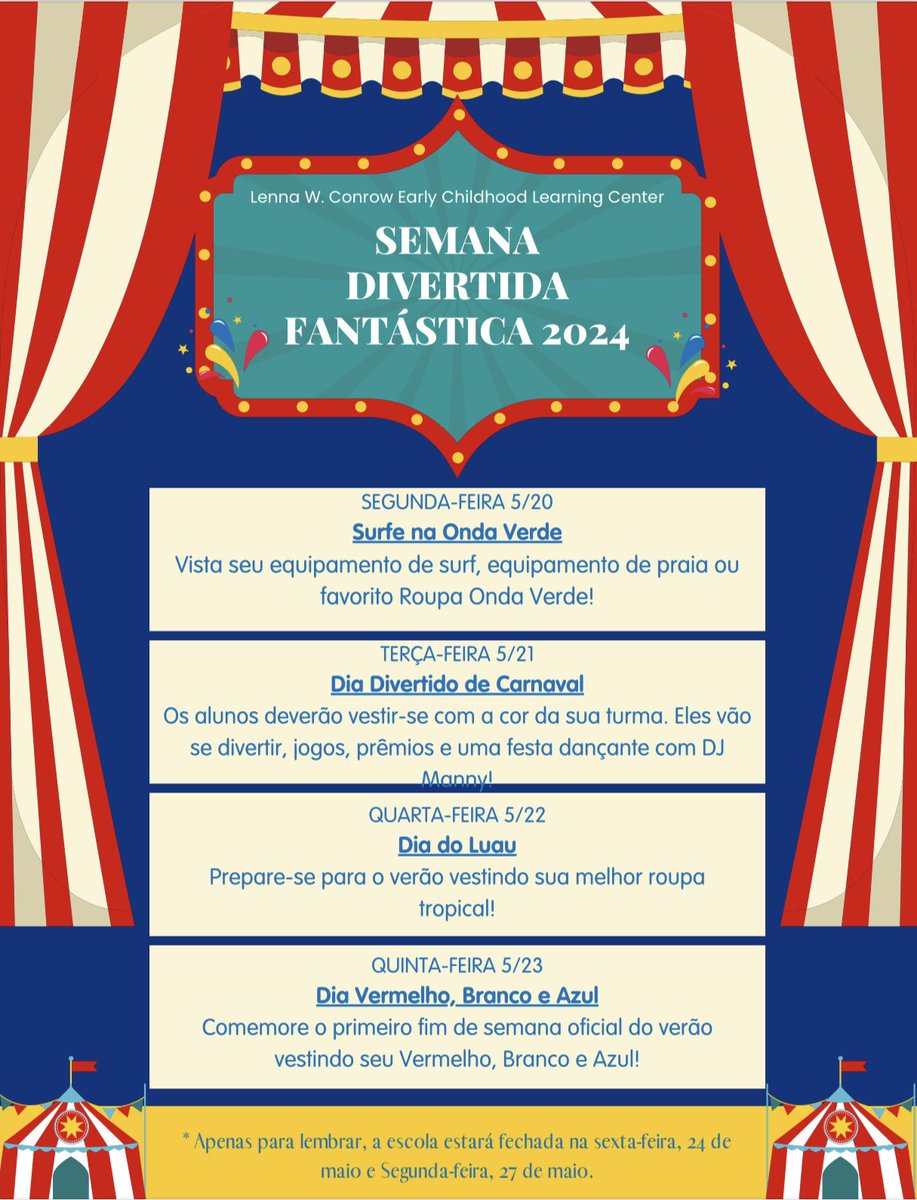 Next week is FANTASTIC FUN WEEK!  Please see below for a schedule of the week’s activities! 🎪🤡🤹💚