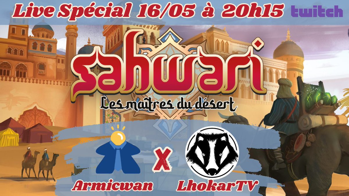 Demain soir à partir de 20h15 je serais avec @LhokarTV pour une soirée découverte de Sahwari sur @BoardGameArena  !
twitch.tv/armicwan
Venez découvrir ce jeu avec nous !
#j2s #jeuxdesociété #boardgames