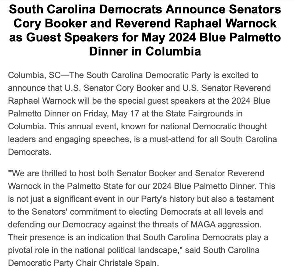 MaryCaitlinByrd's tweet photo. Inbox: South Carolina Democrats say U.S. Senators Cory Booker and Raphael Warnock will be guest speakers for this weekend's 2024 Blue Palmetto Dinner on Friday in Columbia >>> #scpol https://t.co/7x6zORH3KX