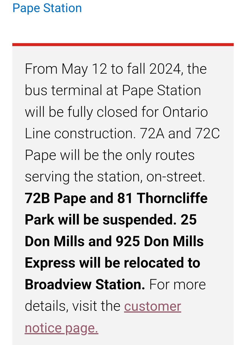 Attention #EastYork: the 25 and 81 buses are not running from Pape Station until ... 'fall 2024.' #ttc