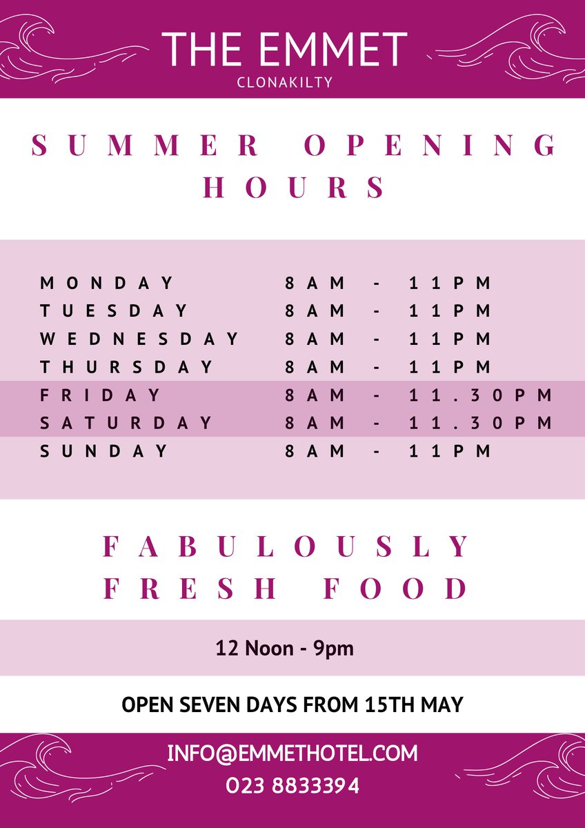 Summer opening hours! 🌞

#PureCork #clonakiltysoul #Cork #KeepDiscovering #WestCork