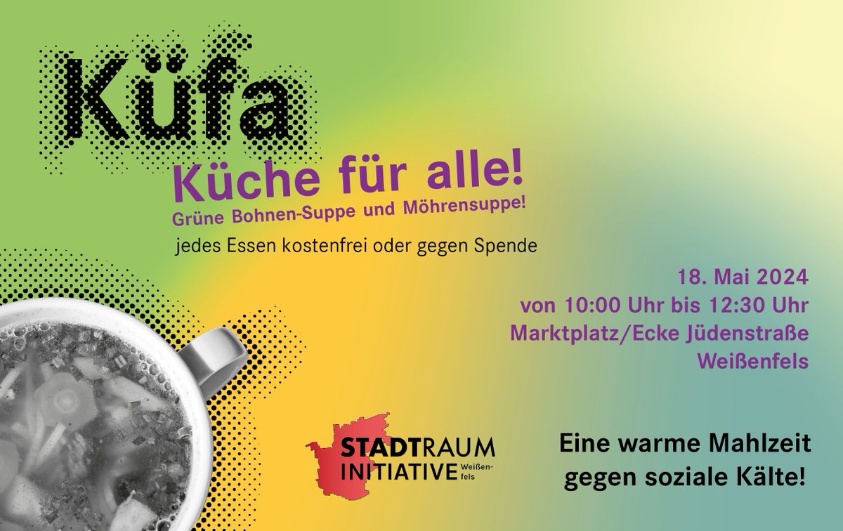 Am Samstag begrüßen wir euch wieder zur Küche für alle! Dieses Mal wird es Grüne Bohnen-Suppe und vegane Möhrensuppe geben! Kommt gern wieder vorbei und holt euch eure Portion(en)!

Du willst mithelfen? Meld dich! :-)