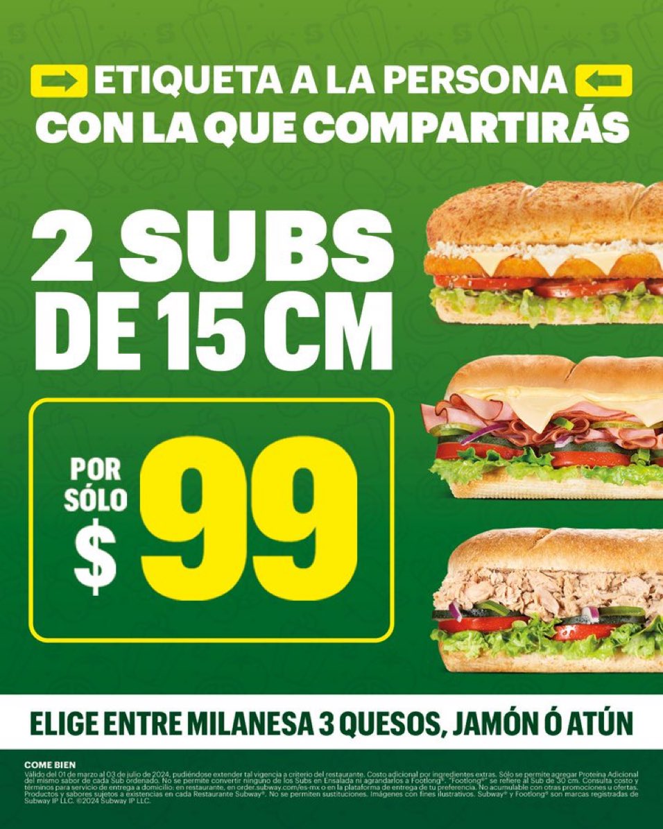 Si no te responde en 5 minutos, le toca pagar. 🤭 💚

¡Los esperamos!

En @CdSatelite pide al 55 5236 5187 u obtén un 10% de descuento vía pedirsubway.com 

La promo 2 Subs por $ 99 solamente aplica dentro del restaurante.

#AlwaysOpen #24Seven @satelucos