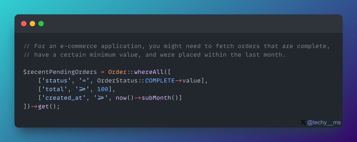 Hey developers! 📷 Looking to streamline your data queries in Laravel? Check out this example where we use Eloquent’s whereAll method combined with enums to fetch recent, high-value completed orders. This query ensures you’re always on top of your critical sales data:
#PHP